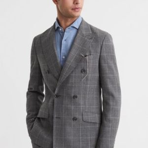 FACADE4549 Grey Newbury Slim Fit Double Breasted Checked Suit