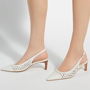 FACADE4580 White Divided Weave Kitten Slingback Shoes